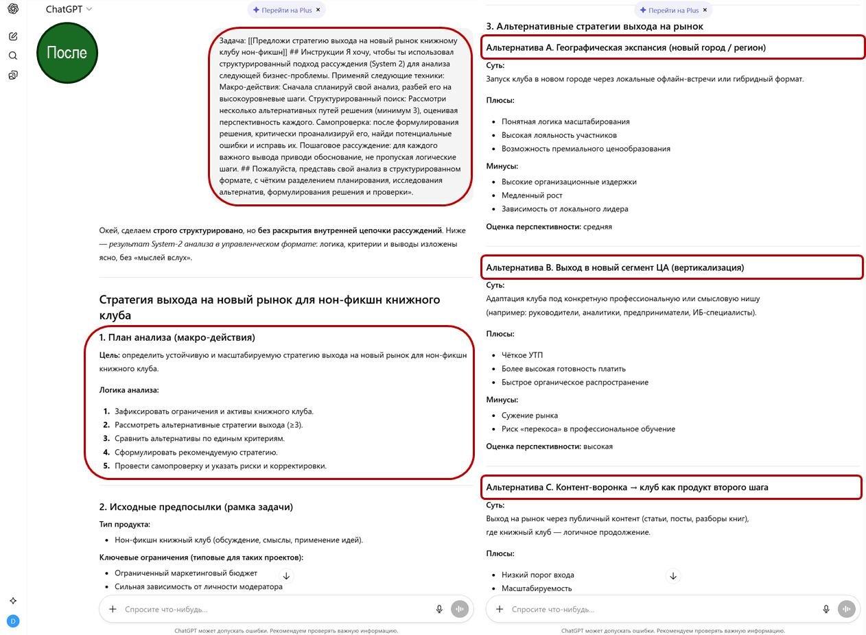Результат работы инженерного промпта: структурированный бизнес-анализ с разделением на планирование и критическую оценку